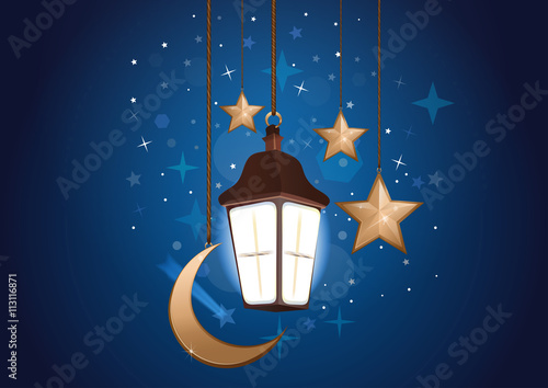 Night background with moon, stars and lantern. Sweet dreams. Good night card. Vector illustration