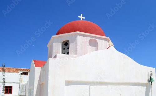 A white church with red roof on Mykonos island  Greece