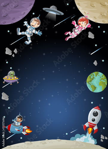 Fototapeta Naklejka Na Ścianę i Meble -  Astronaut cartoon characters on the moon with a alien spaceship. Solar System.