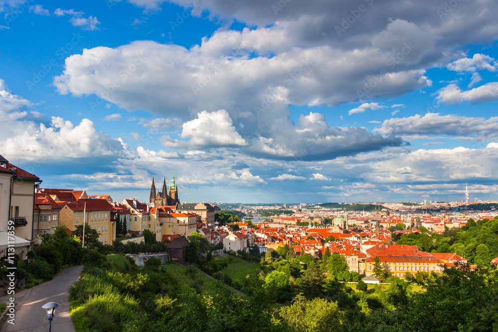 Panorama of Prague from Petrin gardens, Castle and St. Vitus cathedral visible of the left, bridges and Vltava river in the background, Czech Republic
