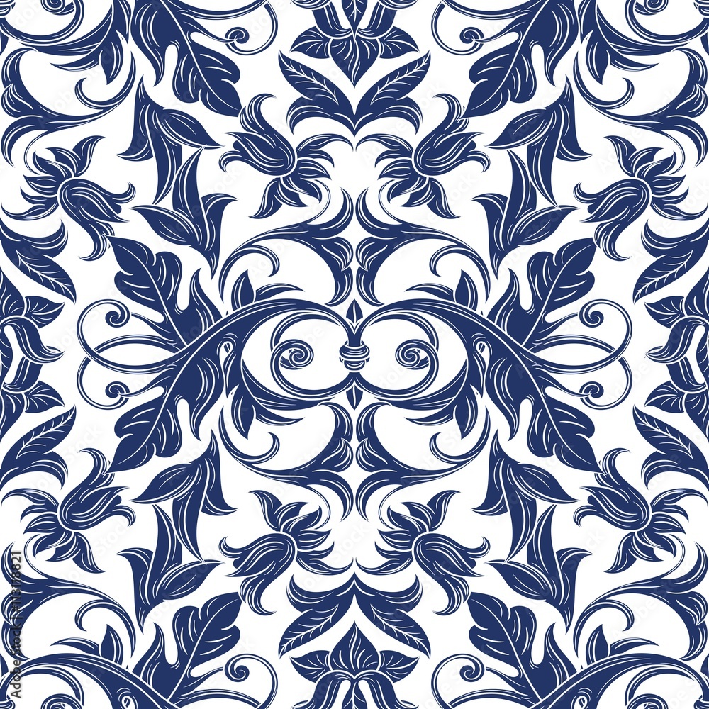 Fototapeta premium Blue Floral Ornaments Seamless Pattern