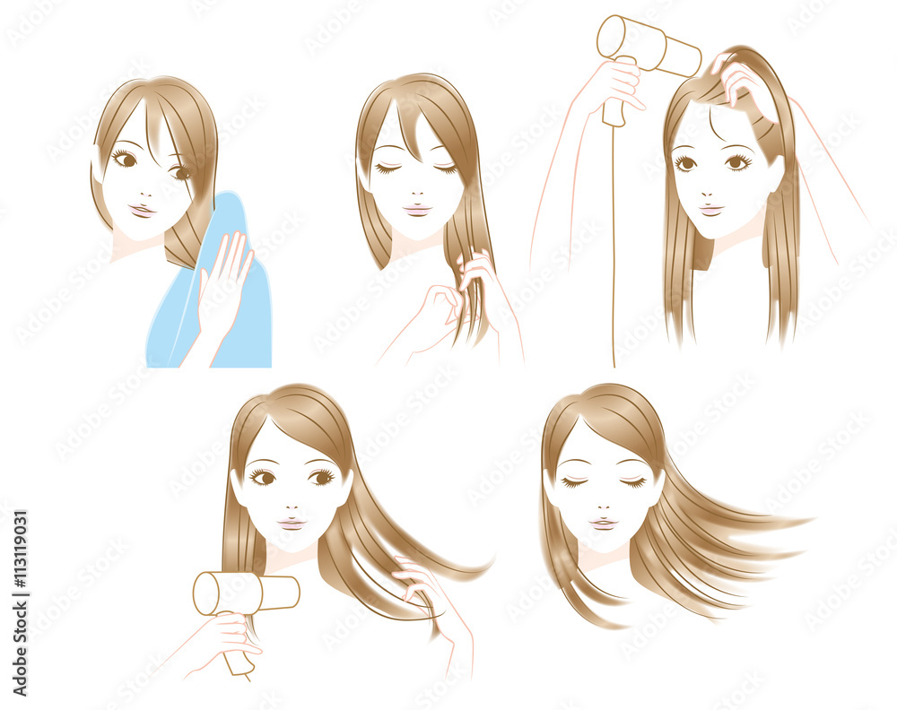 髪の毛を乾かす女性 髪の毛を乾かす女性