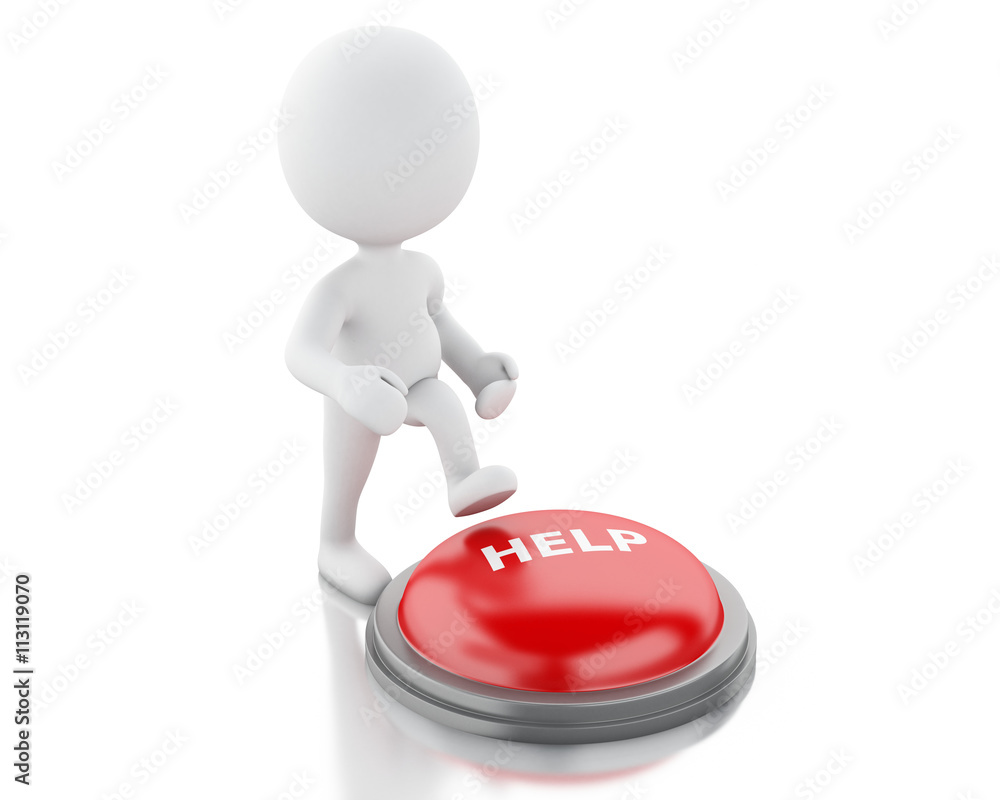 3d white people push HELP button. 3d white people push HELP button.