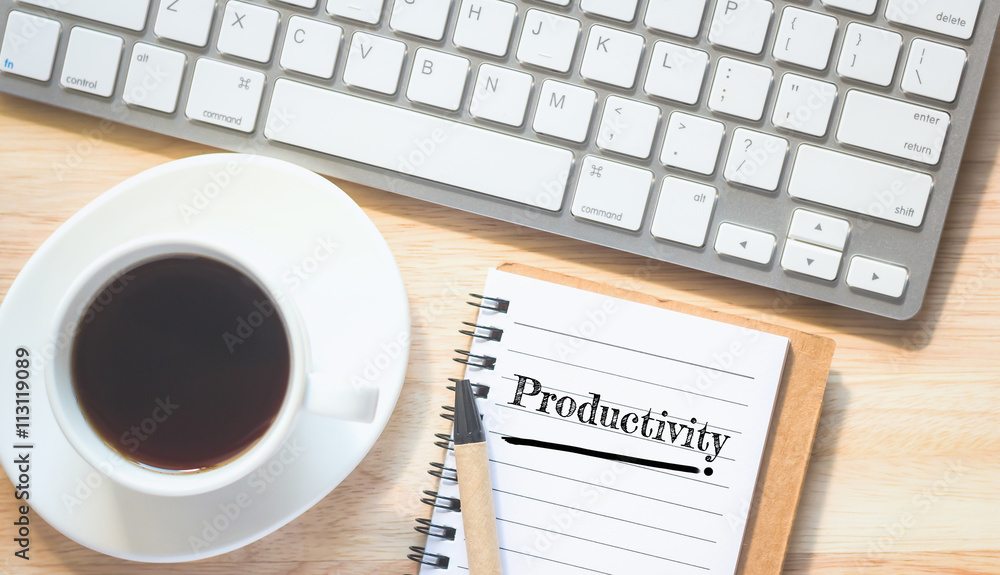 Concept Productivity message on book. A pencil and a glass coffee table.Vintage tone. Concept Productivity message on book. A pencil and a glass coffee table.Vintage tone.
