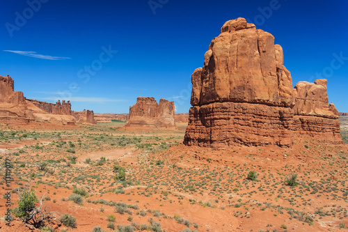 View of Tower of Babel  Courthouse Towers and Three Gossips in Arches National Park  Utah   USA