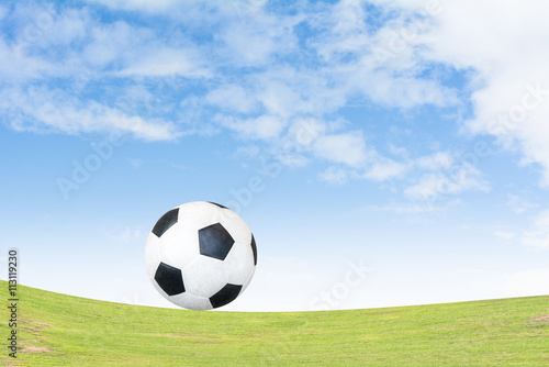 Soccer ball on grass Background blue sky © buraratn