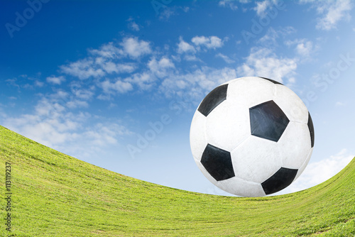 Soccer ball on grass Background blue sky