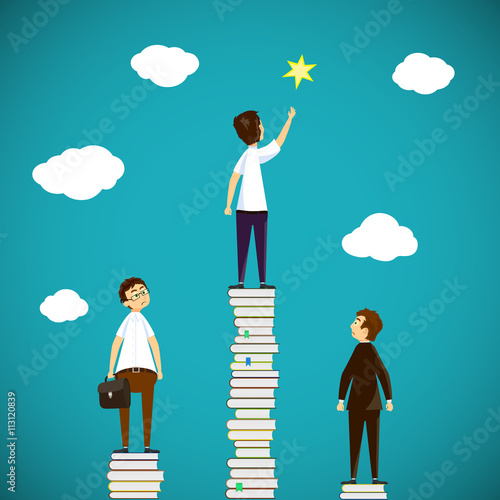 Man standing on a stack of books. Scientific discoveries, and ed
