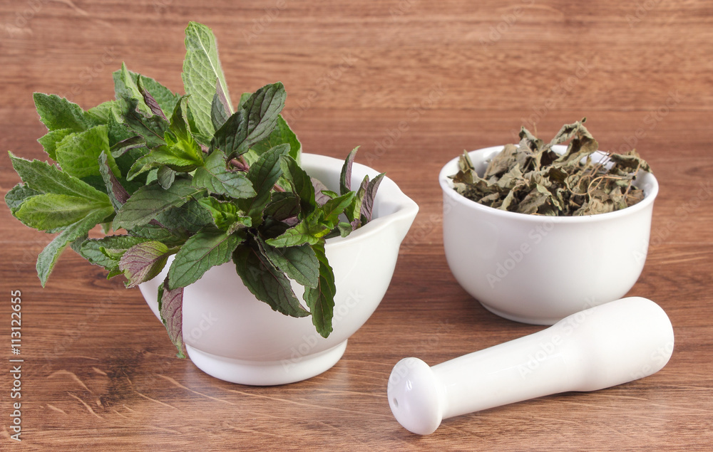 Fresh natural green and dried mint with mortar, healthy lifestyle