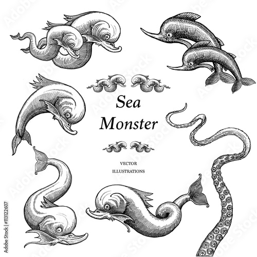 Sea Monsters Illustrations in a vintage style