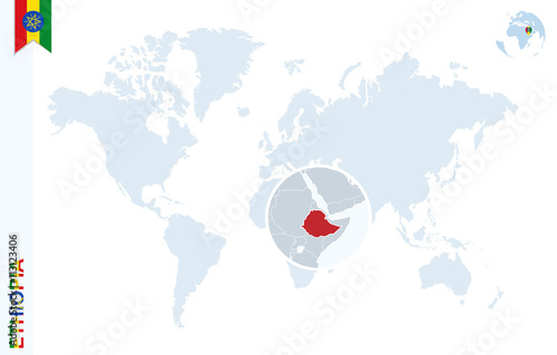 Blue world map with magnifying on Ethiopia.