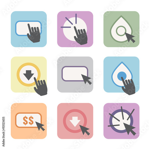 Call to Action Icon Graphics with Buttons, Clicking Hand and Pointers, and Dollar Signs