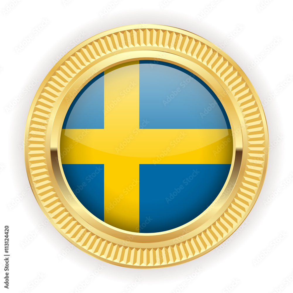 Runder Button mit schwedischer Flagge und silber Rand Runder Button mit schwedischer Flagge und silber Rand