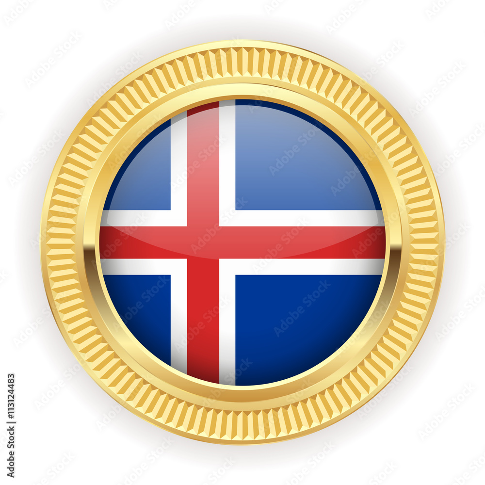 Fototapeta premium Runder Button mit isländischer Flagge und silber Rand 