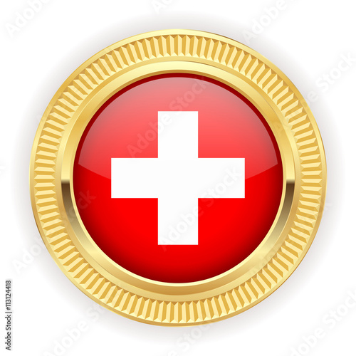 Runder Button mit schweizer Flagge und silber Rand 