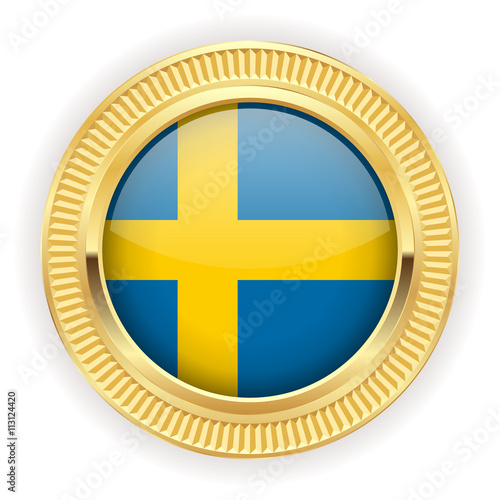 Runder Button mit schwedischer Flagge und silber Rand 