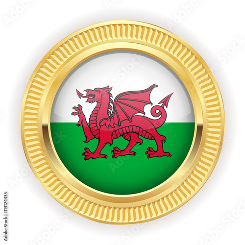 Runder Button mit walisischer Flagge und silber Rand 