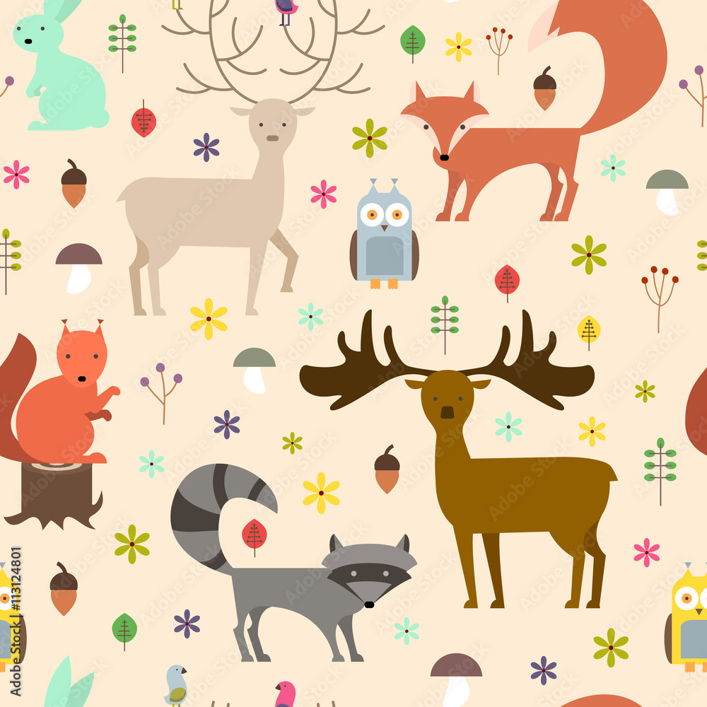 Obraz premium Forest animals seamless background. Flat style animals texture. Vector illustration