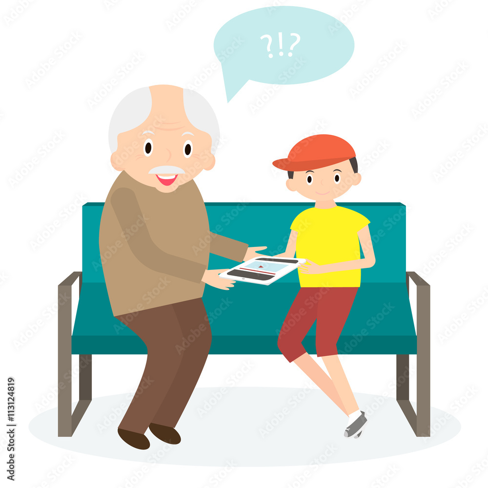 Grandfather with tablet. Grandson teaches to use tablet. Vector illustration Grandfather with tablet. Grandson teaches to use tablet. Vector illustration
