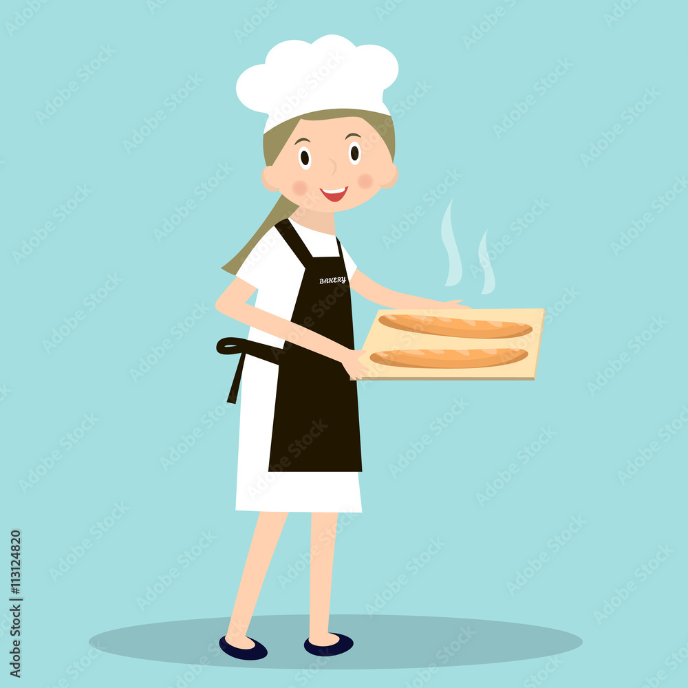 Cooking bread miller chef. Professions miller. Baker with hot baguettes. Vector illustration Cooking bread miller chef. Professions miller. Baker with hot baguettes. Vector illustration