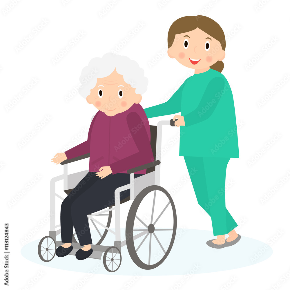 Disabled old woman. Handicapped senior woman in a wheelchair. Special needs woman. Caring for seniors, helping moving around. Elderly care. Vector illustration.