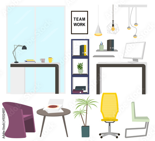 Modern office interior elements. Office furniture collection. Create your scene. Vector Illustration