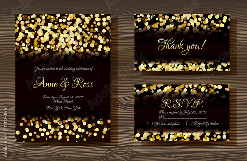 Unique vector wedding cards template with gold glitter texture decoration on wood texture background, Wedding invitation or save the date, RSVP and thank you card for bridal design, trendy gold style