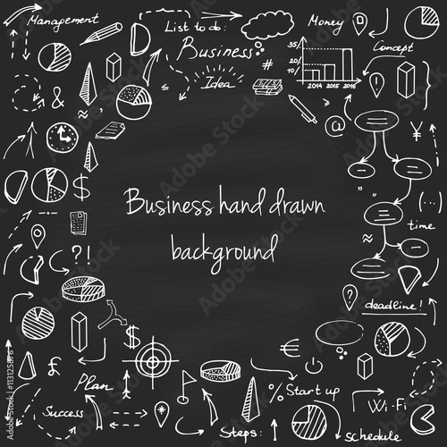 Set of vector business doodle elements. Hand drawn business icons set. Idea, business, creative thinking, progress, graphs, arrows and all other kinds of business related elements