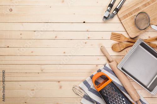 Wallpaper Mural cookware and accessories on a wooden table. Torontodigital.ca