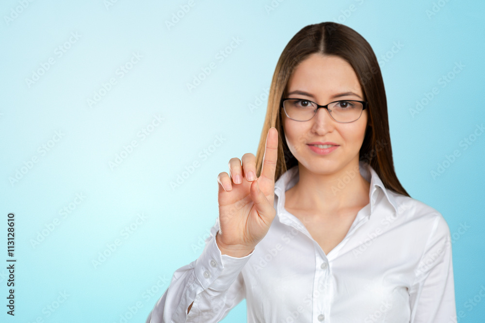portrait of businesswoman pointing at floating screen portrait of businesswoman pointing at floating screen