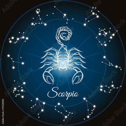 Zodiac sign scorpio and circle constellations. Vector illustration.