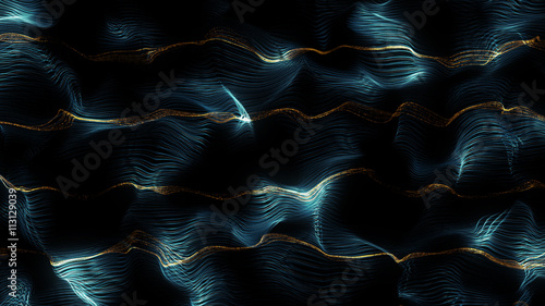 abstract 3d rendering particle background, lines surface displaced with turbulence field