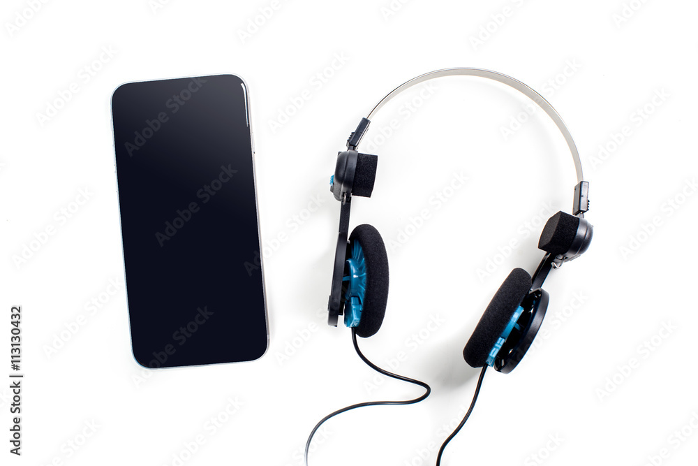 audio player with headphones isolated on white background audio player with headphones isolated on white background