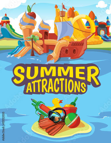 Vector illustration of inflatable castles and children hills on playground