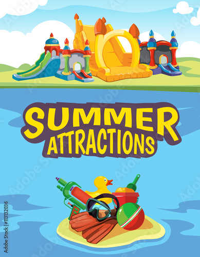 Vector illustration of inflatable castles and children hills on playground