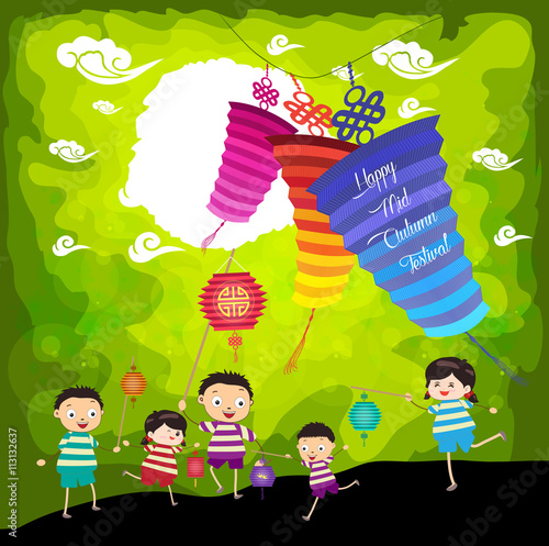 Mid Autumn Festival background with kids playing lanterns