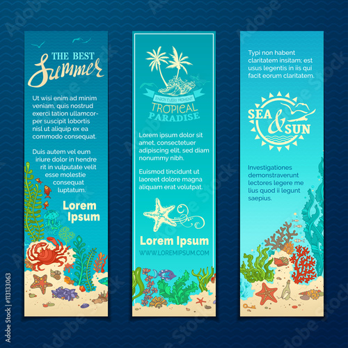 Vector set of cartoon wild sea life vertical banners. Various fish, starfish, crab, shell, jellyfish, seaweed, bottle with a letter and key on the bottom.