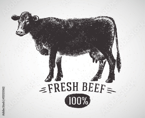 Graphical silhouette cow and inscription. Vector illustration, drawn by hand. Can be used as labels and packaging.