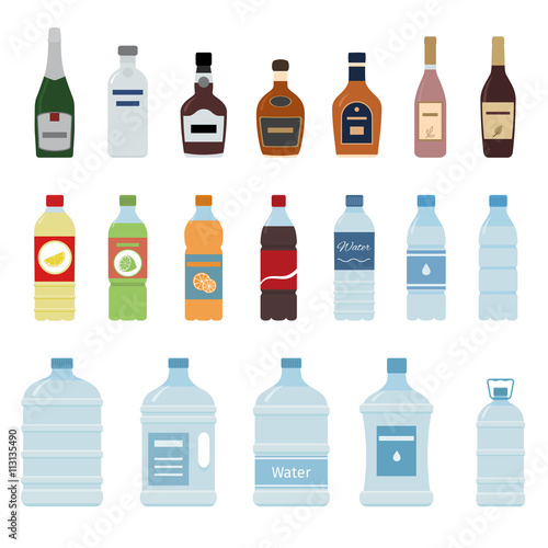 Set of isolated water and alcohol bottle icon on white background.