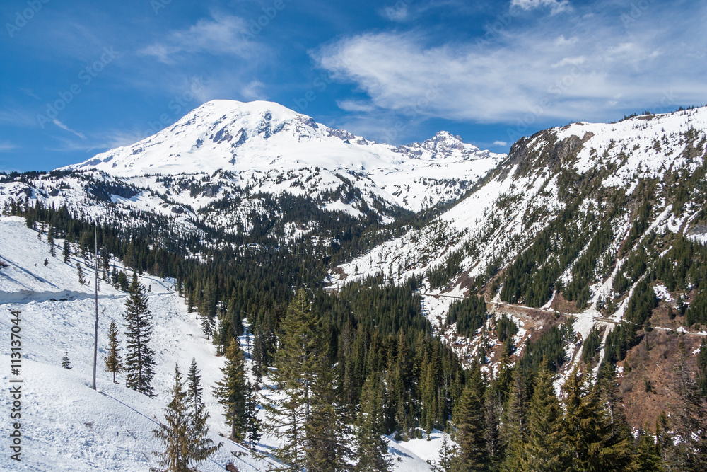 Road to Mount Rainier summit covered by snow, Washington,  USA