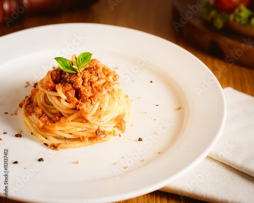 Close up of a plate of twirled spaghetti topped with delicious bolognaise sauce and basil