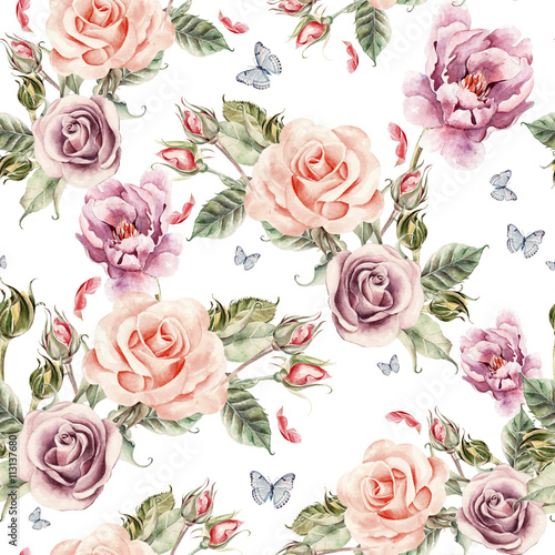 Pattern with watercolor realistic rose, peony and butterflies.