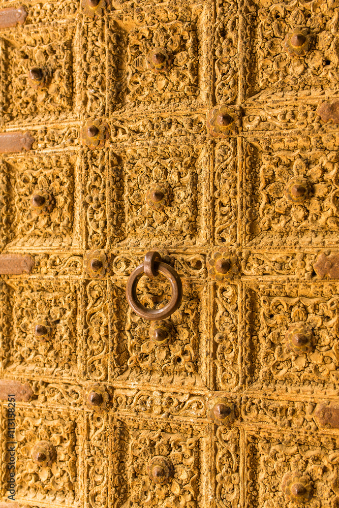 Golden door close up. Detail of Patwa Haveli in Jaisalmer, Rajasthan, India