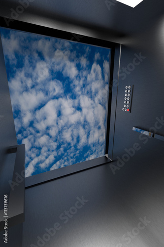3D rendering of lift going up to sky
