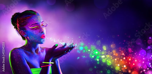 Neon Model Blowing Spectrum Lights - Disco Paint Makeup

