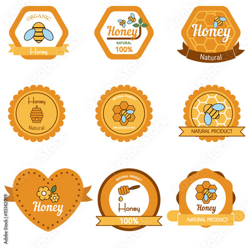 Honey and bees vector badges and labels