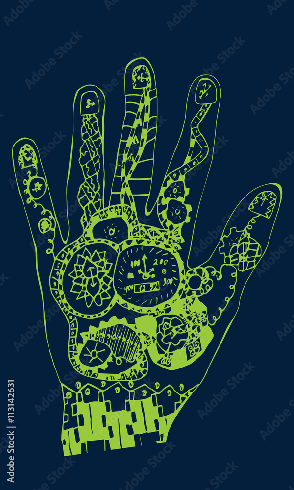 Contour arm. The mechanism in the hand. Pattern in the hand. Contour illustration of a hand Contour arm. The mechanism in the hand. Pattern in the hand. Contour illustration of a hand