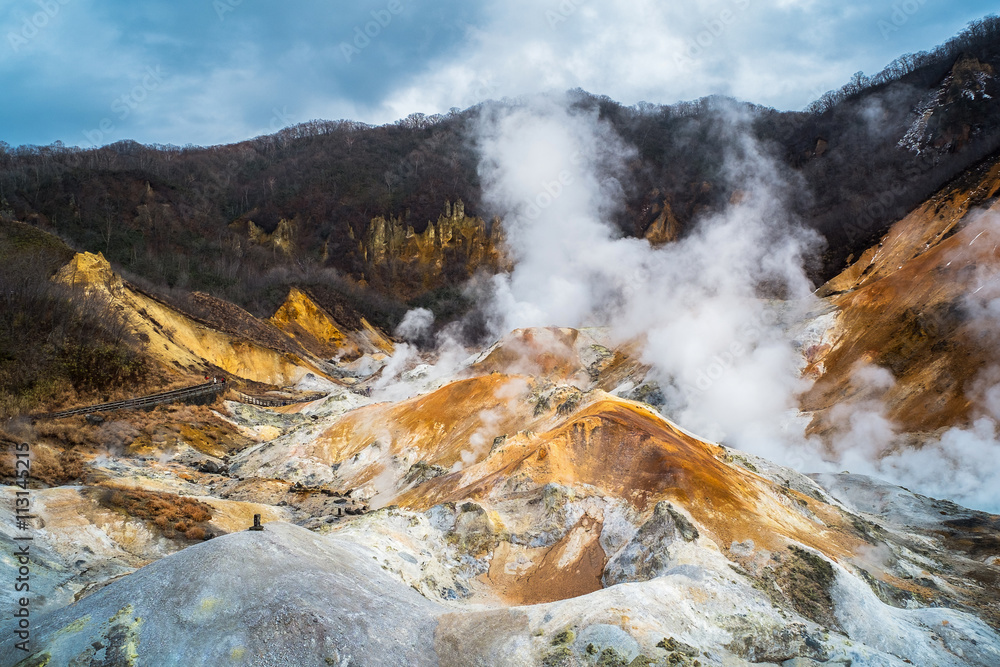 Jigokudani or Hell Valley in Noboribetsu, selective focus at volcano, Hokkaido, Japan