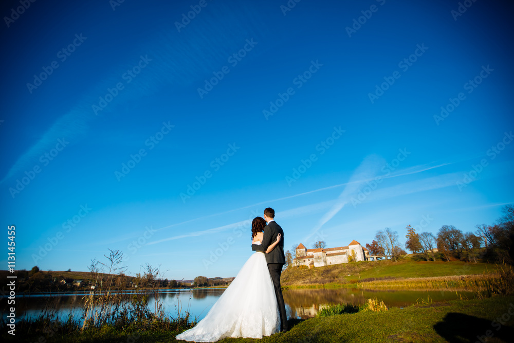 Happy bride and handsome brunette beautiful bride in a white dress, embrace under the arc Happy bride and handsome brunette beautiful bride in a white dress, embrace under the arc