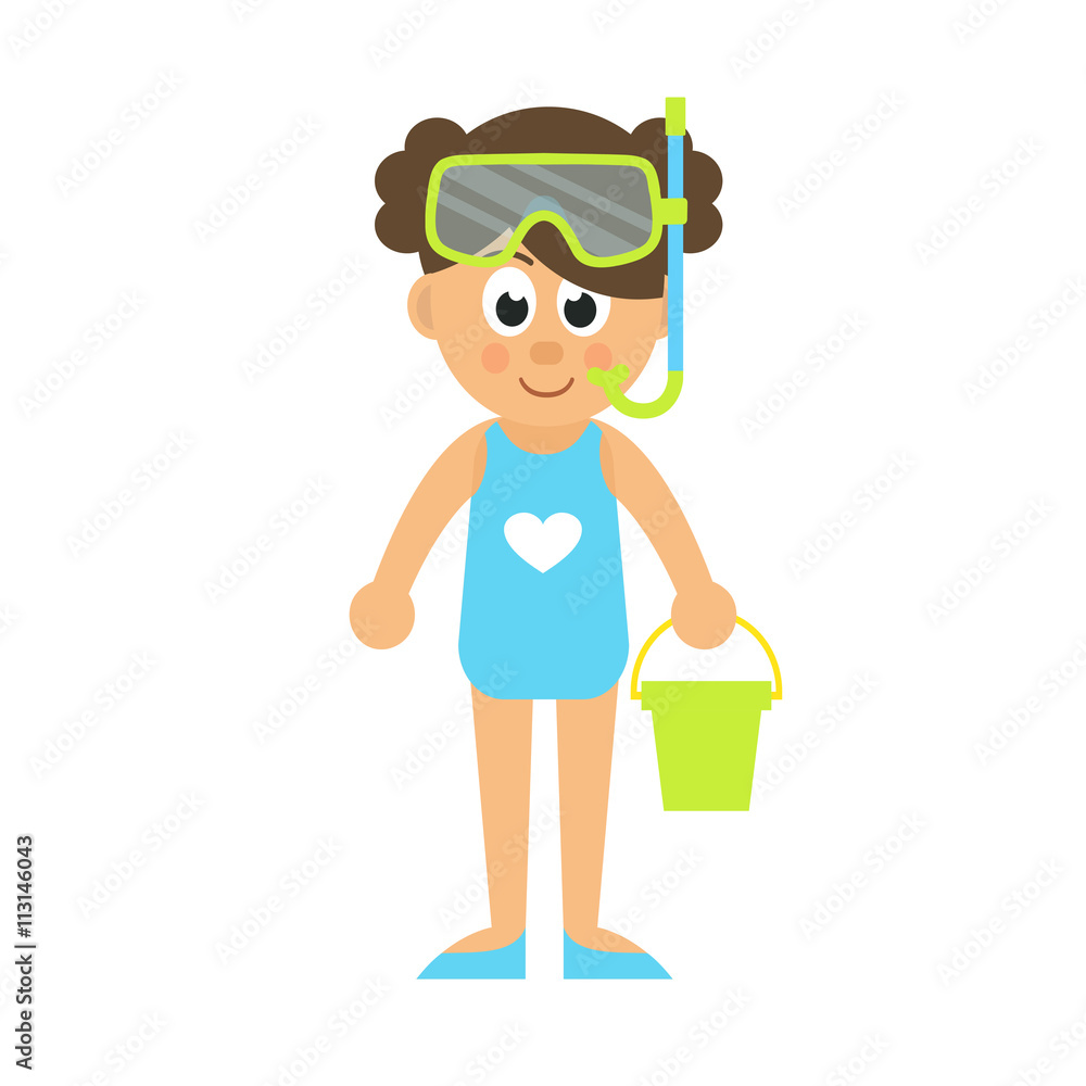 cartoon girl and diving mask and bucket vector cartoon girl and diving mask and bucket vector